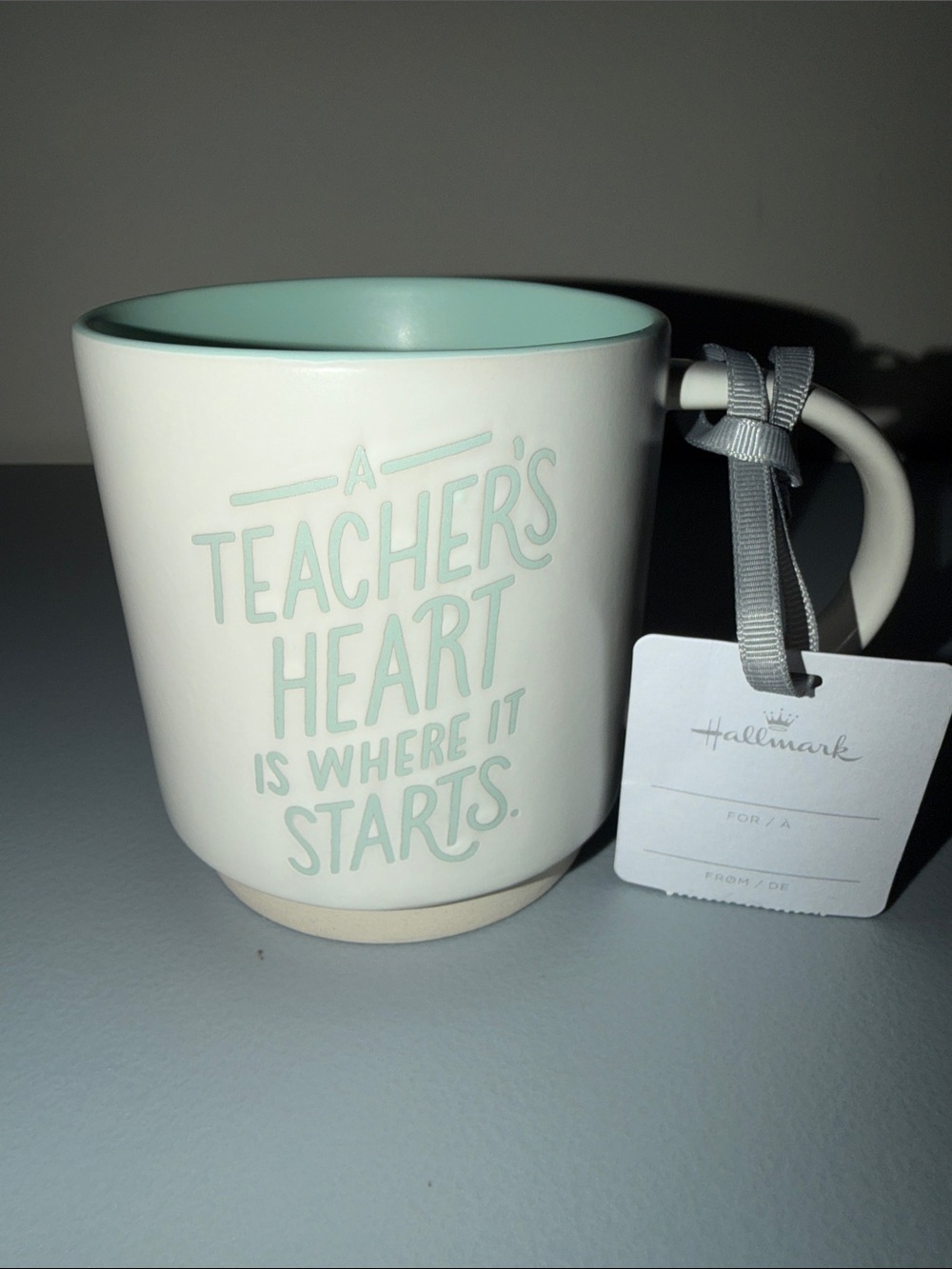 Hallmark Mint and White 'A Teacher's Heart Is Where It Starts' Ceramic Mug